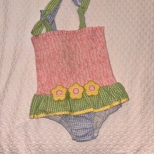 Whimsy seersucker one piece swimsuit flower detail pink green blue girl 8